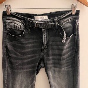 Y2K Kancan Black Jeans Estilo Bootcut Frayed Hem Belt White Washed Denim